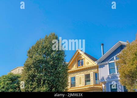 Große Bäume vor den gelben und violetten Häusern in San Francisco, Kalifornien. Auf der linken Seite befindet sich ein gelbes Haus mit dekorativen Gebissen und Sonnenaufgänge Stockfoto