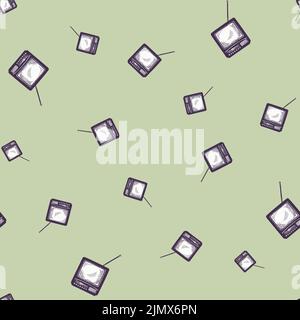 Retro-Fernseher mit gravierten, nahtlosen Antennenmustern. Vintage-Fernseher im handgezeichneten Stil. Skizzenstruktur für Stoff, Tapete, Textil, Druck, Titel, Stock Vektor