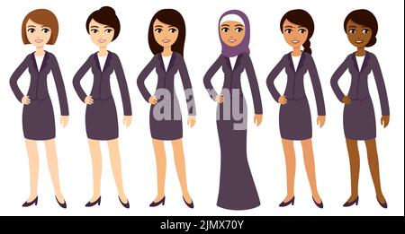 Sechs Cartoon junge Geschäftsfrauen unterschiedlicher Hautfarbe in Arbeitskleidung. Niedliche Vektor Clip Art Illustration Set, isoliert auf weißem Hintergrund. Stock Vektor