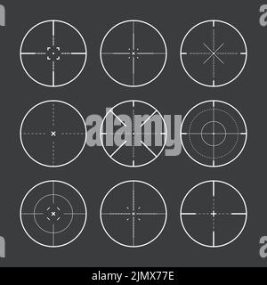 Verschiedene Scharfschützengewehr Visiere, Waffe optischen Scope Fadenkreuz. Sucher für Jagdwaffen. Symbol für das Aufschießzeichen, zielen. Militärisches Zielschild. Spieloberfläche Stock Vektor