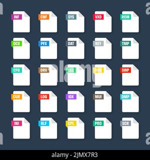 Gängige Systemdateiformate. Dokumenttypen und Erweiterungen. Flache Ikonen-Kollektion. Dokument-Piktogramm, Web-Design-UI-Element, Vorlage. Computer Stock Vektor