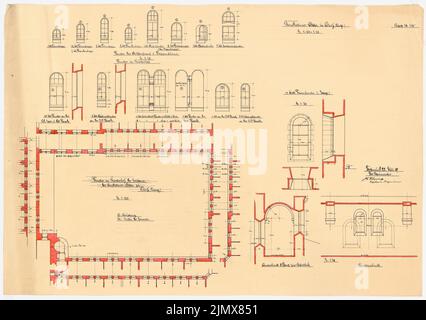 Klomp Johannes Franziskus (1865-1946), Benedictier Abbey St. Mauritius, Clerf (Clervaux), Luxemburg (22. Juli 1909): Fenster im Klosterhof, Grundriß 1: 100 und Ansichten 1:30. Tusche Aquarell auf Transparent, 58,2 x 82,6 cm (inklusive Scankanten) Klomp Johannes Franziskus (1865-1946): Benedektinerabtei St. Mauritius, Clerf (Clervaux) Stockfoto