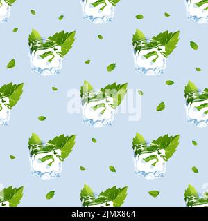 Nahtloses Mojito-Muster. Frische Minzblätter und Eiswürfel. Vektorgrafik. Zartblauer Hintergrund. Stock Vektor