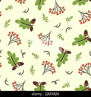 Vektor Nahtloses Muster mit Eicheln, Eberesche und Herbsteiche Blätter. Für Tapeten, Geschenkpapier, Musterfüllungen, Herbst-Grußkarten. Stock Vektor