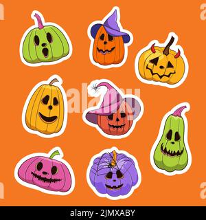 Happy halloween Kürbisse Aufkleber Set. Vektorgrafik. Stock Vektor