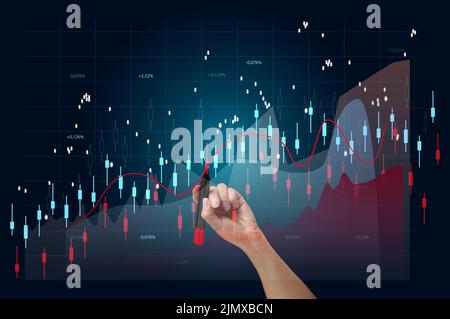 Holographisches Diagramm mit steigenden Zinsen und Indikatoren. Geschäftswachstumskonzept, hohe Profitabilität, erfolgreiche Gründung. Stockfoto