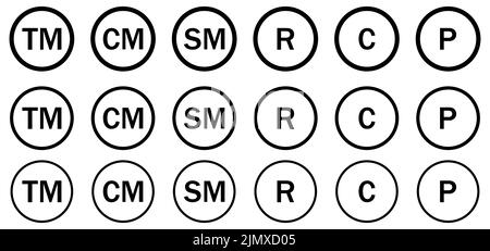 Symbole für eingetragene Marken. Vektordarstellung auf weißem Hintergrund isoliert Stock Vektor