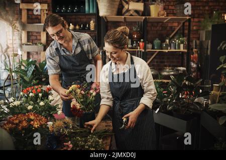 Waren Experten auf dem Gebiet der Floristik. Zwei junge Floristen trimmen Blumen und arbeiten zusammen in ihrer Pflanzenkinderstube. Stockfoto