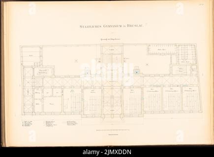 Unbekannter Architekt, König-Wilhelm-Gymnasium in Breslau (ca. 1886): Grundriss EG. Lithographie Aquarell auf Papier, 69,5 x 100,7 cm (einschließlich Scankanten) N.N. : König-Wilhelm-Gymnasium, Breslau Stockfoto