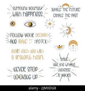 Inspirierende und motivierende Zitate boho Styles. Vektorgrafik. Stock Vektor