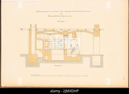 Unbekannter Architekt, König-Wilhelm-Gymnasium in Breslau (ca. 1886): Schnitt der Heizung. Lithographie auf Papier, 47,4 x 69,1 cm (einschließlich Scankanten) N.N. : König-Wilhelm-Gymnasium, Breslau Stockfoto