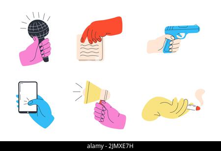 Bunte Hände, die Papier, Waffe, Smarthone halten. Verschiedene Gesten zeichnen Vektor. Die menschliche Hand hält Megaphon, Zigarette, Stift, Bleistift. Daumen hoch, Piner Fi Stock Vektor