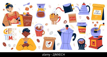 Cartoon-Kaffee-Elemente. Verschiedene Heißgetränkeutensilien, Barista und Besucher-Cartoon-Figuren. Tassen mit Espresso und Cappuccino, Kaffeemaschinen und Mühlen Stock Vektor