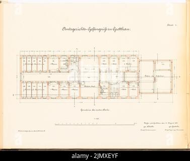 Unbekannter Architekt, Bezirksgericht Gefängnis in Grottkau (1889-1890): Grundriß 1: 100. Lithographie auf Papier, 39,4 x 49,5 cm (einschließlich Scankanten) N.N. : Amtsgerichtssgefängnis, Grottkau Stockfoto