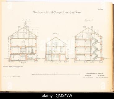 Unbekannter Architekt, Bezirksgericht Gefängnis in Grottkau (1889-1890): 3 Querschnitte 1: 100. Lithographie auf Papier, 40,1 x 49,1 cm (einschließlich Scankanten) N.N. : Amtsgerichtssgefängnis, Grottkau Stockfoto