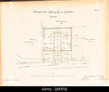 Unbekannter Architekt, Bezirksgericht Gefängnis in Grottkau (1889-1890): Lageplan 1: 400. Lithographie auf Papier, 39,1 x 49,4 cm (einschließlich Scankanten) N.N. : Amtsgerichtssgefängnis, Grottkau Stockfoto