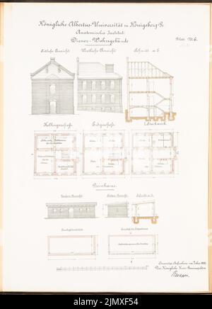 Unbekannter Architekt, anatomisches Institut der Albertus-Universität Königsberg (ca. 1890): Dienerwohnbauen: Ansichten nach Süden, Westen, Schnitt, Grundriß, EG, 1. Etage, Beinhaus: Vorderseite, Seitenansicht, Schnittplan der Basis, z. B. Lithographie auf Papier, 69 x 49,8 cm (einschließlich Scankanten) N.N. : Anatomisches Institut der Albertus-Universität Königsberg Stockfoto