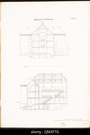 Unbekannter Architekt, Jurisdiktion, Schleswig (ca. 1890): Ansicht, Schnitt. Lithographie auf Papier, 69,2 x 48,8 cm (einschließlich Scankanten) N.N. : Gerichtssgefängnis, Schleswig Stockfoto