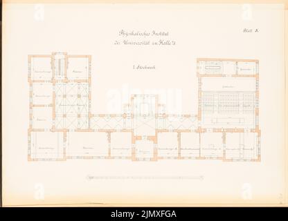 Kilburger Otto, Physikalisches Institut der Martin-Luther-Universität Halle/Saale (1887-1890): Grundriß 1. Lithographie auf Papier, 48,3 x 66,9 cm (inklusive Scankanten) Kilburger Otto : Physikalisches Institut der Martin-Luther-Universität Halle/Saale Stockfoto