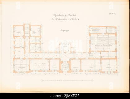 Kilburger Otto, Physikalisches Institut der Martin-Luther-Universität Halle/Saale (1887-1890): Grundriss EG. Lithographie auf Papier, 48,1 x 67,3 cm (inklusive Scankanten) Kilburger Otto : Physikalisches Institut der Martin-Luther-Universität Halle/Saale Stockfoto