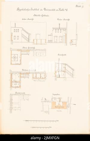 Kilburger Otto, Physikalisches Institut der Martin-Luther-Universität Halle/Saale (1887-1890): Abdruckgebäude: Seitenansicht, Vorderansicht, Ober- und Untergeschossplan, Querschnitt, Grundrissplan und Grundrissplan. Lithographie auf Papier, 48 x 32,2 cm (inklusive Scankanten) Kilburger Otto : Physikalisches Institut der Martin-Luther-Universität Halle/Saale Stockfoto