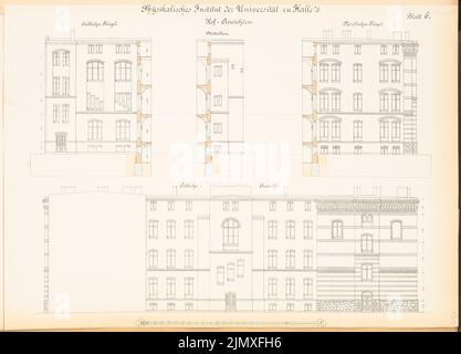 Kilburger Otto, Physikalisches Institut der Martin-Luther-Universität Halle/Saale (1887-1890): Ansichten Südflügel, Mittelbau, Nordflügel, Ostansicht. Lithographie auf Papier, 48 x 66,8 cm (inklusive Scankanten) Kilburger Otto : Physikalisches Institut der Martin-Luther-Universität Halle/Saale Stockfoto