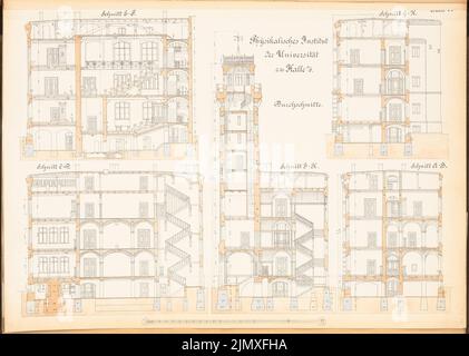 Kilburger Otto, Physikalisches Institut der Martin-Luther-Universität Halle/Saale (1887-1890): 5 Schnitte. Lithographie auf Papier, 49 x 68,8 cm (inklusive Scankanten) Kilburger Otto : Physikalisches Institut der Martin-Luther-Universität Halle/Saale Stockfoto