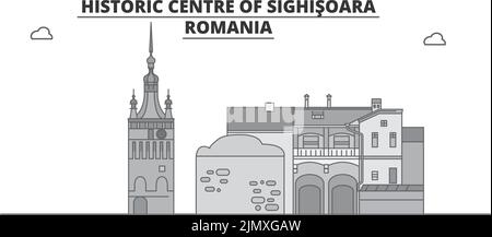 Rumänien, Skyline von Sighisoara isolierte Vektorgrafik, Ikonen Stock Vektor