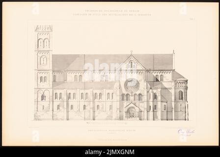 Dauber August, dreischiffige romanische Kirche. (Aus: C. Schäfer, die Bauhütte, Entwürfe im Stil des Mittelalters, 3. Bd.) (1895-1895): Blick nach Süden. Leichter Druck auf Papier, 32,6 x 48,7 cm (inklusive Scan-Kanten) Dauber August : Dreischiffige romanische Kirche. (Aus: C. Schäfer, die Bauhütte, Entwürfe im Stile des Mittelalters, 3. Bd., 1895) Stockfoto