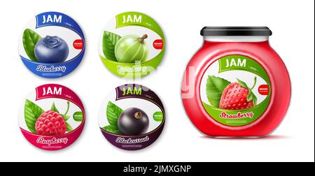 Realistische Etiketten für Beerenmarmelade. Aufkleber auf Gläsern, süßem Dessertprodukt, Bio-Lebensmitteln, Himbeere und Heidelbeere, Johannisbeere und Stachelbeere, Verpackungsdesign 3D Stock Vektor