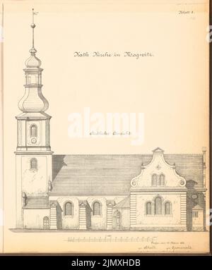 Unbekannter Architekt, katholische Kirche in Mogwitz (ca. 1892): Südansicht 1: 100. Lithographie auf Papier, 48,4 x 40 cm (einschließlich Scankanten) Stockfoto