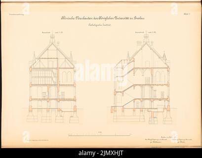 Diestel Georg (1854-1926), Universität, Breslau. Medizinische Institute in der Maxstraße. Pathologisches Institut (1890-1892): 2 Querschnitte 1: 100. Lithographie auf Papier, 50,3 x 68,6 cm (einschließlich Scankanten) Stockfoto