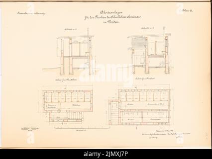 Unbekannter Architekt, Lehrerseminar in Verden (ca. 1893/1894): Abbrechen: Ansichten, Grundrisse 1:50. Lithographie auf Papier, 43,6 x 61,8 cm (einschließlich Scankanten) Stockfoto