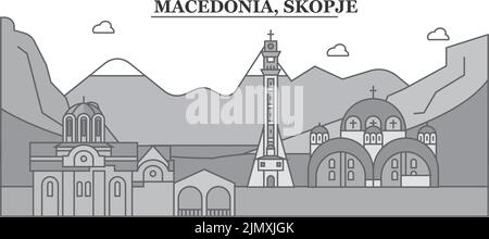 Mazedonien, Skyline der Stadt Skopje isolierte Vektorgrafik, Ikonen Stock Vektor