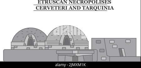 Italien, Cerveteri, etruskische Nekropolen Stadt Skyline isoliert Vektor Illustration, Ikonen Stock Vektor