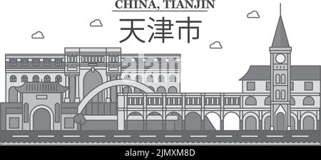 China, Tianjin City Skyline isoliert Vektor-Illustration, Symbole Stock Vektor