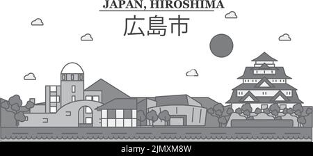 Japan, Skyline von Hiroshima isolierte Vektorgrafik, Ikonen Stock Vektor