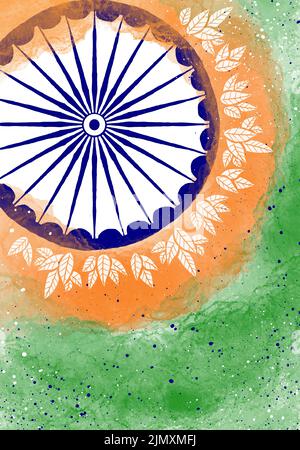 Happy Independence Day Handgezeichnetes Abstraktes Design Poster Vektor Illustration. Indischer Nationalfeiertag 15. August Banner. Ashoka Chakra-Rad, Grunge Te Stockfoto