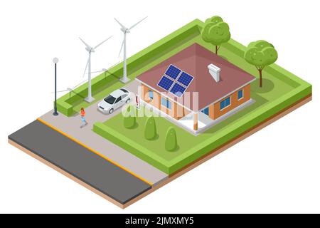Isometrisches modernes Haus mit Sonnenkollektoren und Windkraftanlagen. Grünes Öko-Haus. Energieeffizientes Haus Stock Vektor