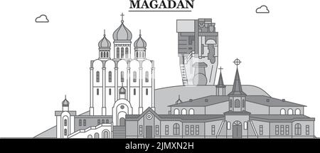 Russland, Magadan Stadt Skyline isoliert Vektor-Illustration, Symbole Stock Vektor