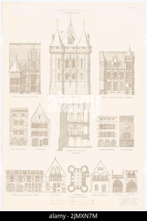 N.N., zivile Architektur Frankreichs. (Aus: Gotische Architektur in Frankreich, hrsg. v. Character output d. Stud. TH Berlin, 1875) (1875-1875): Ansicht Palais de Justice in Rouen, Ansicht, Querschnitt, Grundriß Donjon von Poitiers, Ansichten Haus des Jaques Couer in Bourges, Haus der Caussade,. Druck auf Papier, 51,8 x 36,1 cm (einschließlich Scankanten) Stockfoto