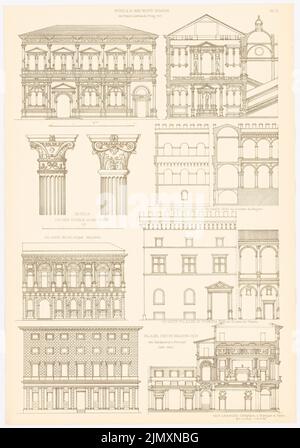 N.N., Palazzo Bevilacqua in Bologna. Großer und kleiner Palazzo Venezia, Pietro Massimi in Rom. (Aus Richtung Baukunst d. Renaissance in Italien und Spanien, hrsg. V (1875-1875): Ansicht, Querschnitt, Details, etc. Scuola di San Rocco in Venedig. Druck auf Papier, 52 x 36,5 cm (inkl. Kanten scannen) Stockfoto