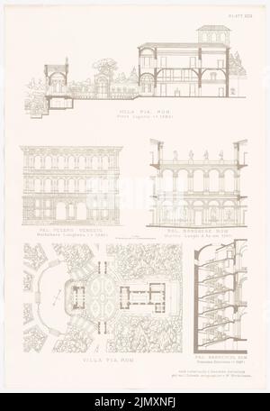 N.N., Palazzi Barberini und Mattei, Rom. Procurate nuove, Venedig. S. Agnese, Rom. (Aus Richtung Architecture d. Renaissance in Italien und Spanien, hrsg. V. Character output d. Stud. TH Berlin, 1875): Ansicht, Grundriß Villa Barberini, Ansicht Procuratie, Grundriß S. Agnese, Querschnitt Palazzo Matti. Drucken auf Papier, 52,5 x 36,1 cm (einschließlich Scankanten) Stockfoto