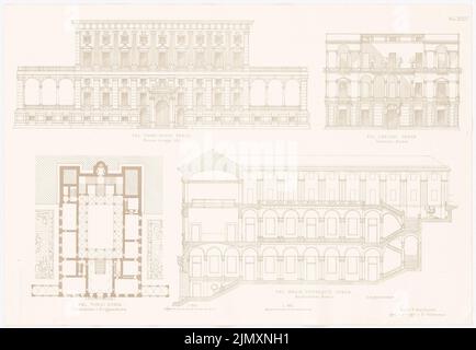 N.N., Uffizien, Florenz. S. Salvatore, Venedig. Sapienza, Rom. Porta Stuppa, Venedig. (Aus Richtung Architecture d. Renaissance in Italien und Spanien, hrsg. V. Character output d. Stud. TH Berlin, 1875): Ansicht, Grundriß, Querschnitt, Querschnitt S. Salvatore, Querschnitt sapienza, Blick porta stuppa. Drucken auf Papier, 35,9 x 52 cm (einschließlich Scankanten) Stockfoto