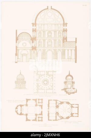 N.N., Madonna del Umilta in Pistoja. Il Tempieto in Rom. S. Bagio in Montepulciano. (Aus Richtung Architecture d. Renaissance in Italien und Spanien, hrsg. v. Signaus (1875-1875): Querschnitt, Grundriß Madonna, Ansicht, Grundriß, Querschnitt IL Tempieto, Grundriß S. Bagio. Druck auf Papier, 52,2 x 36,2 cm (einschließlich Scankanten) Stockfoto