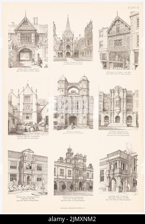 N.N., Häuser in Lancashire, Burleigh, Chester, Bingham, Brereton, Bramshill, Audley End. (Aus Richtung Baukunst d. Renaissance in England, hrsg. v. Character Excess D (1875-1875): Spece Hall in Lancashire. Halle in Burleigh, Northhampton. Holzhaus in Chester. Cobham Hall in Kent. Hatfield House. Audley End ... Drucken auf Papier, 53,2 x 36 cm (einschließlich Scankanten) Stockfoto