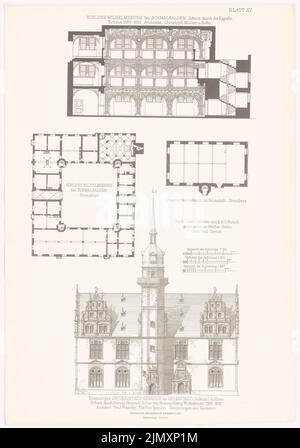 N.N., Schloss Wilhelmsburg bei Schmalkalden. Universitätsgebäude in Helmstedt. (Aus Richtung Baukunst d. Renaissance in Deutschland, hrsg. V. Character excess d. Stu (1875-1875): Querschnitt, Grundriß Wilhelmsburg, Blick, Grundriß Melmstedt. Druck auf Papier, 52,8 x 37 cm (inkl. Kanten scannen) Stockfoto