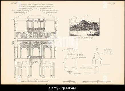 N.N., königlicher Lustpalast nach Schleißheim. Schloss Solitude bei Stuttgart. Zwinger, Dresden. (Aus Richtung Bauchkunst d. Barock in Deutschland, hrsg. v. Signaus (1875-1875): Querschnitt Schleißheim, Perpective View Stuttgart, Grundriß. Details. Druck auf Papier, 36,5 x 53,2 cm (inkl. Kanten scannen) Stockfoto