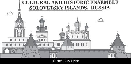 Russland, Solovetsky Inseln Stadt Skyline isoliert Vektor-Illustration, Symbole Stock Vektor