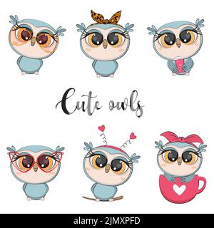 Niedliche Cartoon Eulen Set. Lustige Vögel. Stock Vektor